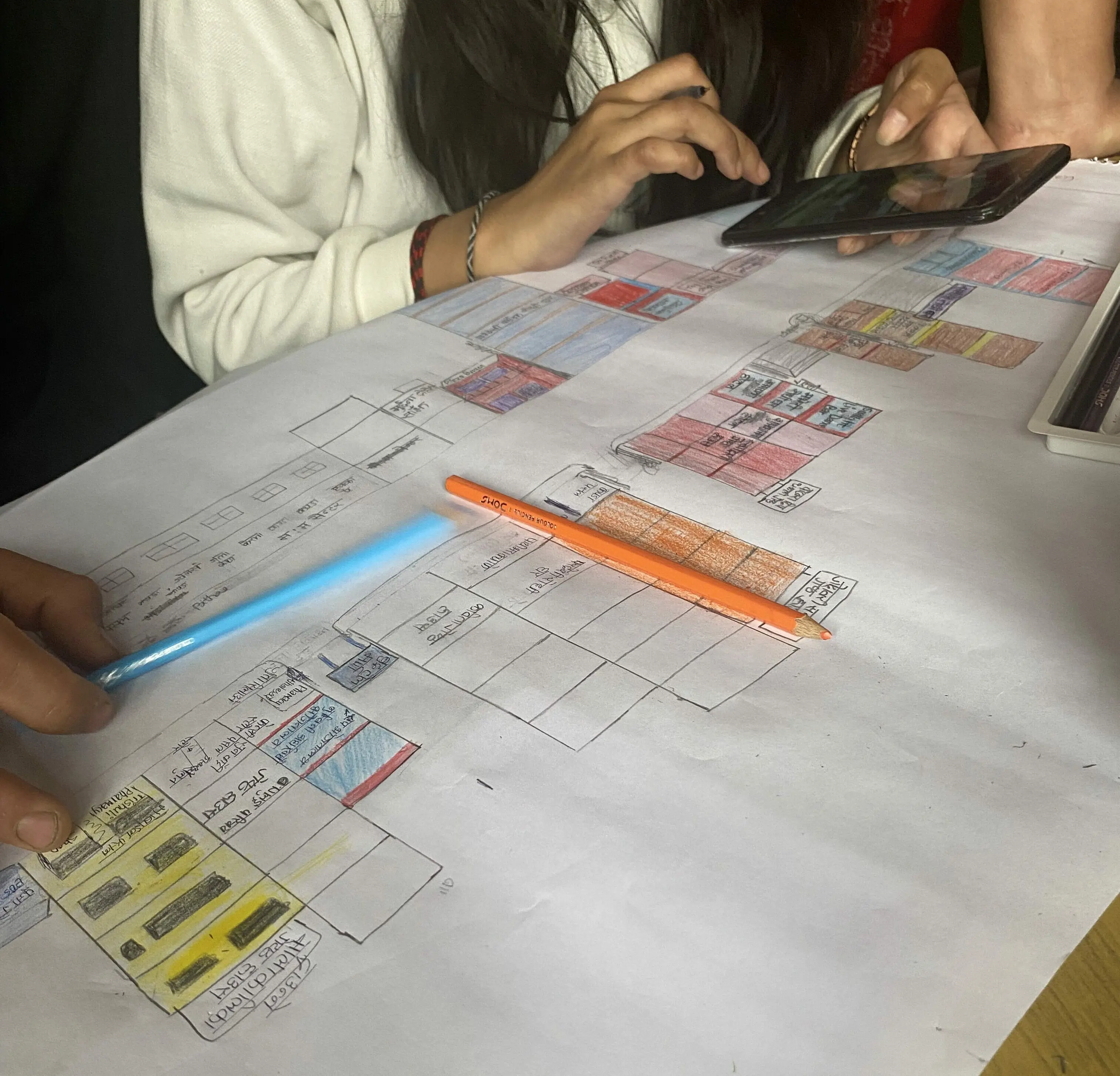 Children and business owners create base maps by using the notes, photographs and audio recordings taken during a field visit to Thamel.