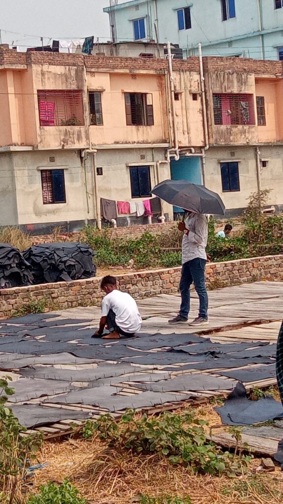 A child drying leather under the sun.